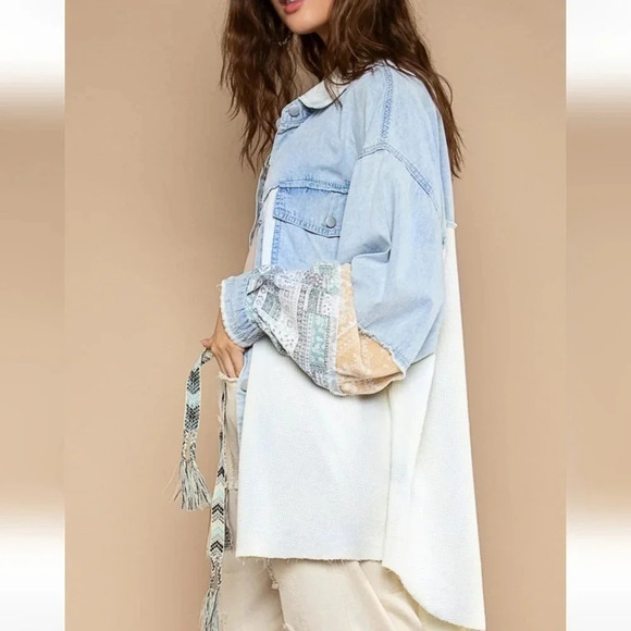 New! POL Oversized Contrast Denim Ivory Fabric Panels Button Down Shacket S - Picture 6 of 13